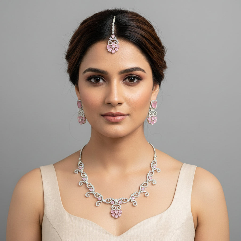 white AD (Artificial Diamond) jewellery set inlcudes a necklace a maang tikka and two earrings with pink centre stones by famaza couture