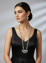 white American Dimond stones with silver plated floral long necklace and earrings jewellery set by famaza couture