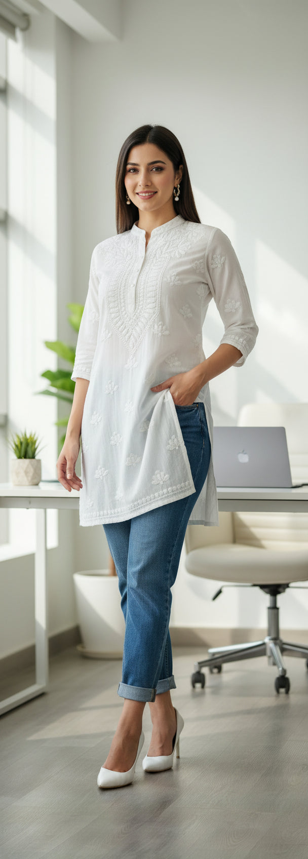 white Chikankari short length kurti in Muslin fabricwith collar and three buttons on the front, featuring intricate ghasspati hand embroidery with floral motifs by famaza couture