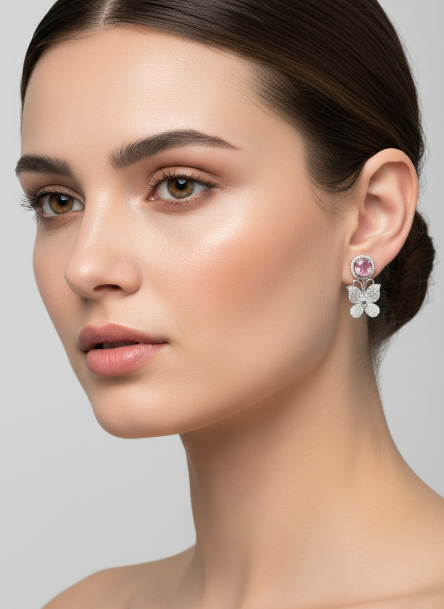 white Nano American diamonds and pink central stone earrings by famaza couture