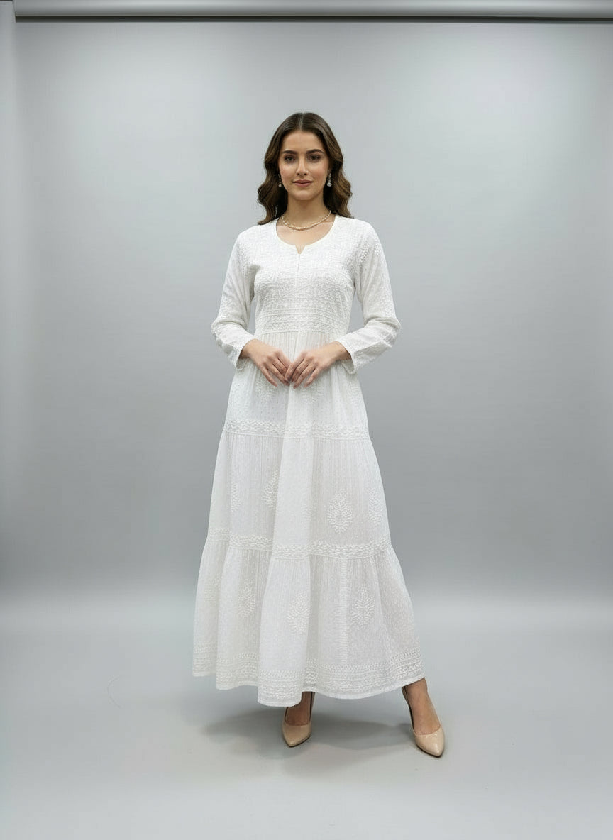 white chikankari dobby cotton flared long dress by famaza couture