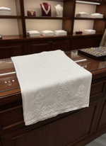 white colour modal fabric with silk thread chikankari embroidery trousers are displayed on a counter