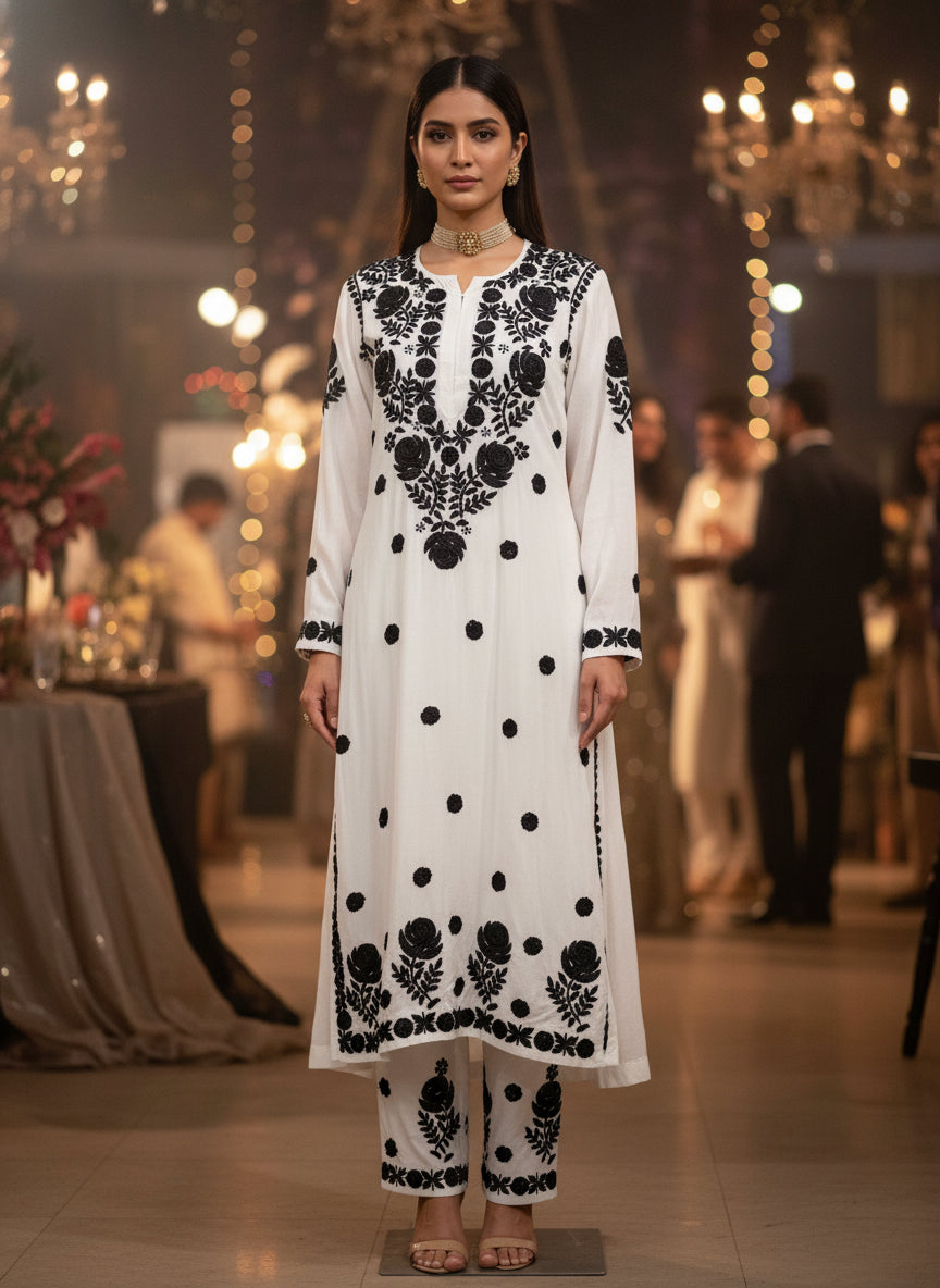 Mannequin wearing a black and white polka dot dress in a store setting with colourful fabric in the background.