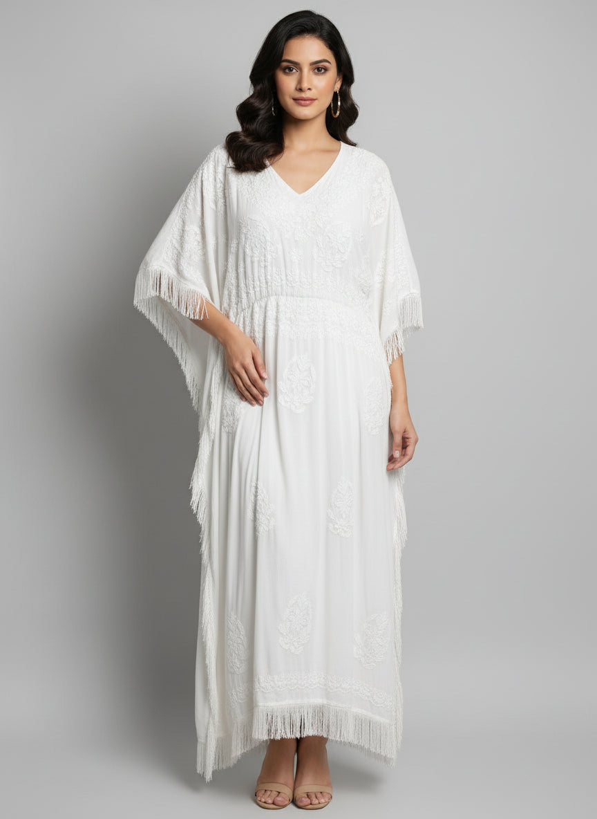 white kaftan with white chikankari embroidery work by famaza couture