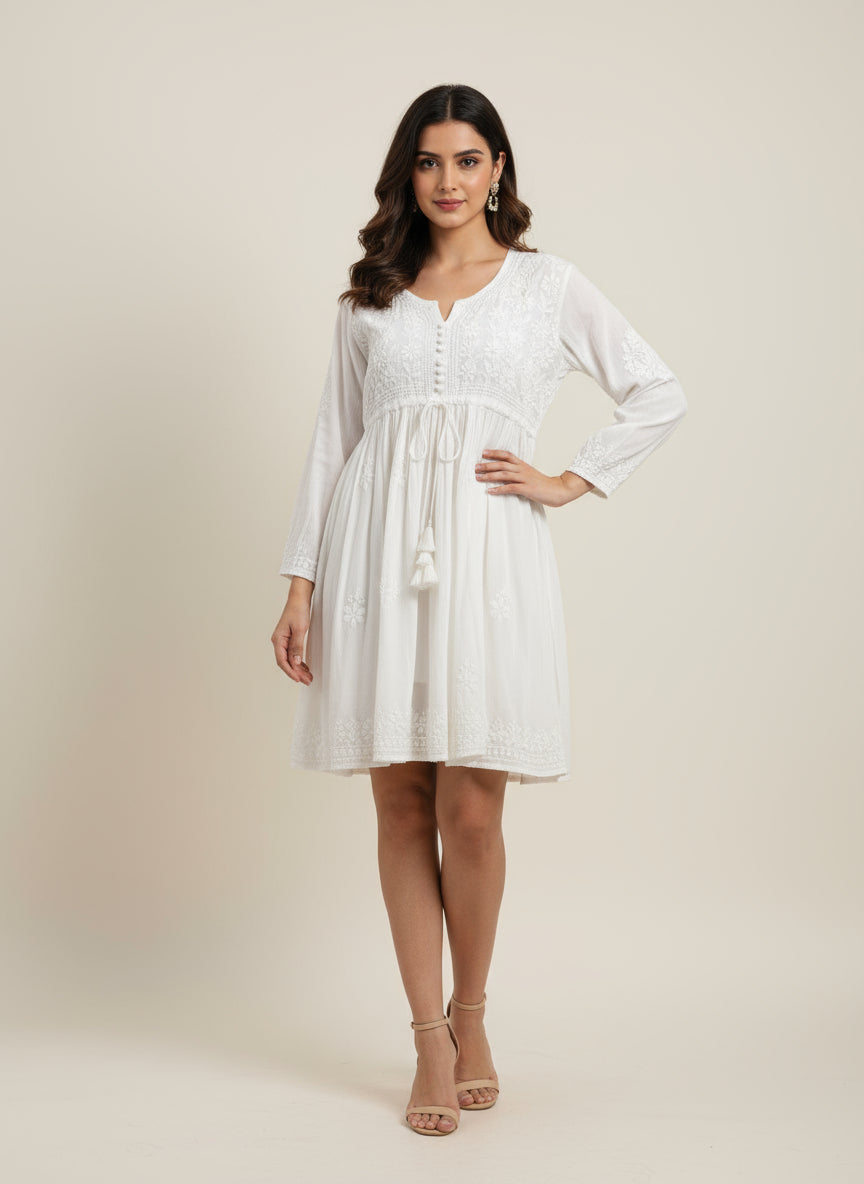 white chikankari embroidery short dress by famaza couture