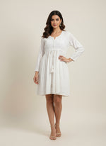 white chikankari embroidery short dress by famaza couture