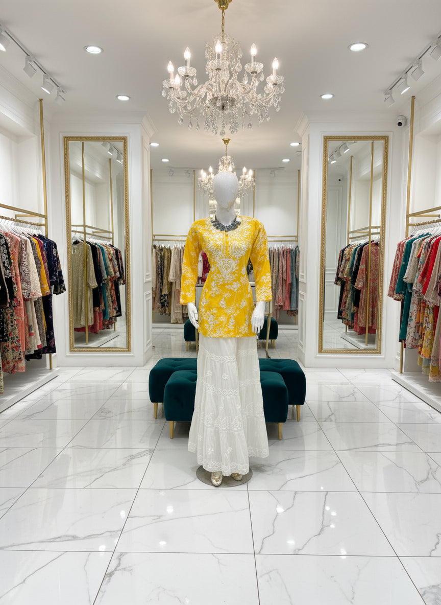 Mannequin wearing a yellow floral dress in a store setting with various clothing items around.