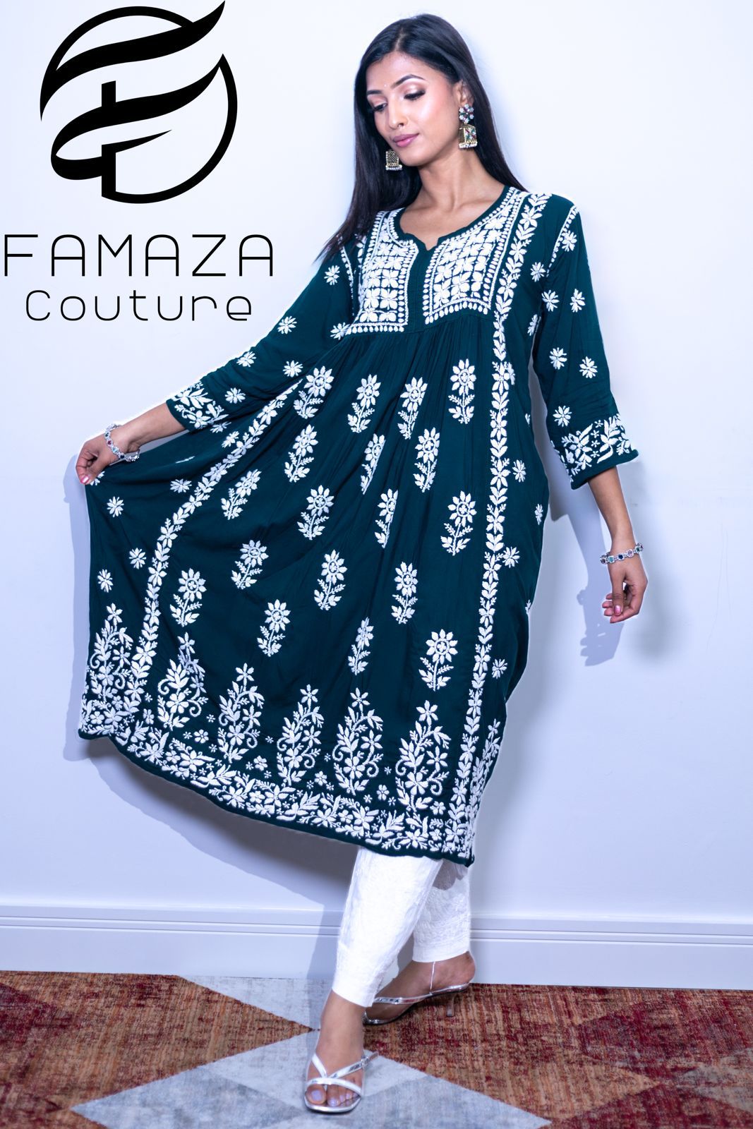 Woman wearing the naira cut gown style Chikankari kurti top with elegant embroidery work