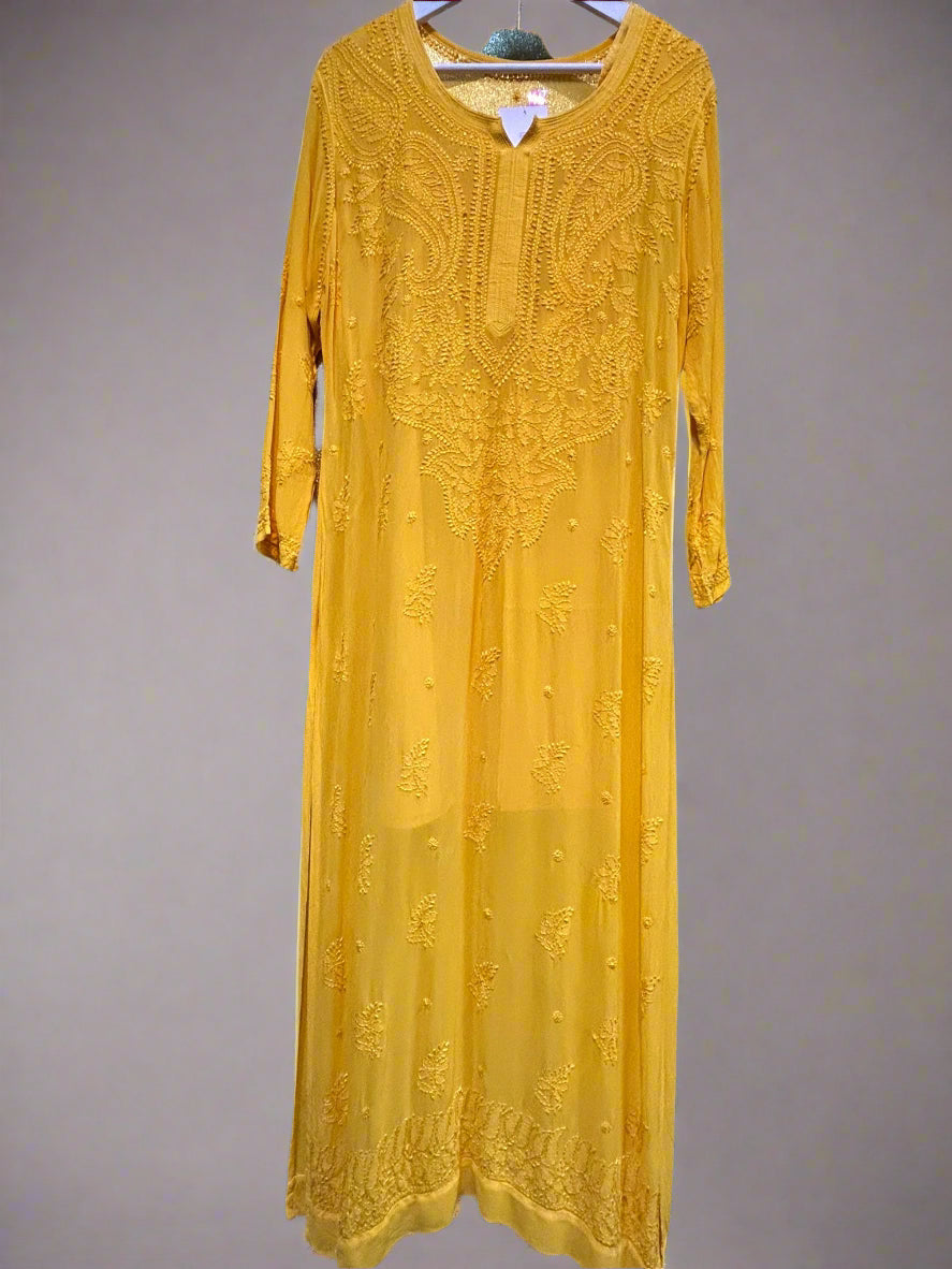 yellow chikankari viscose long kurti