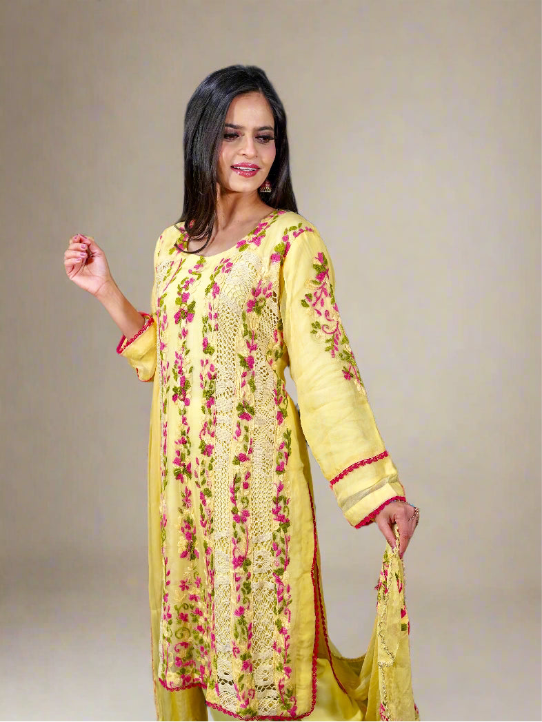 Yellow floral embroidered Pakistani dress famaza couture