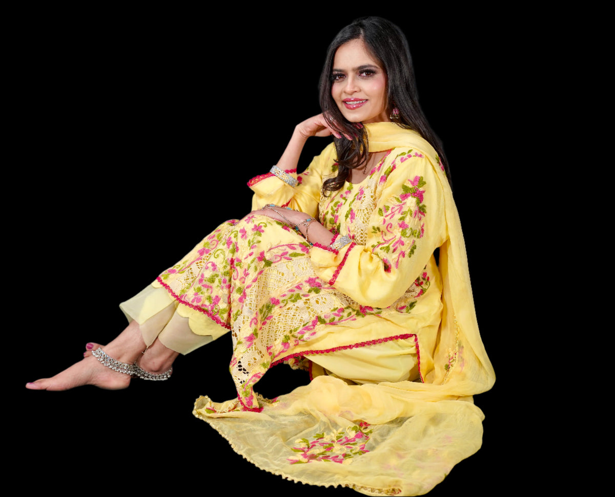 yellow floral embroidered Pakistani suit set 3 piece with chiffon dupatta – ethnic wear