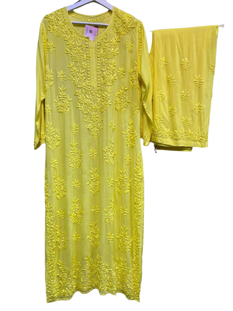 trending yellow Chikankari Kurti with Palazzo Pants Set Famazacouture