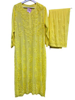 trending yellow Chikankari Kurti with Palazzo Pants Set Famazacouture