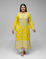 yellow colour fabric chikankari plus size kurti