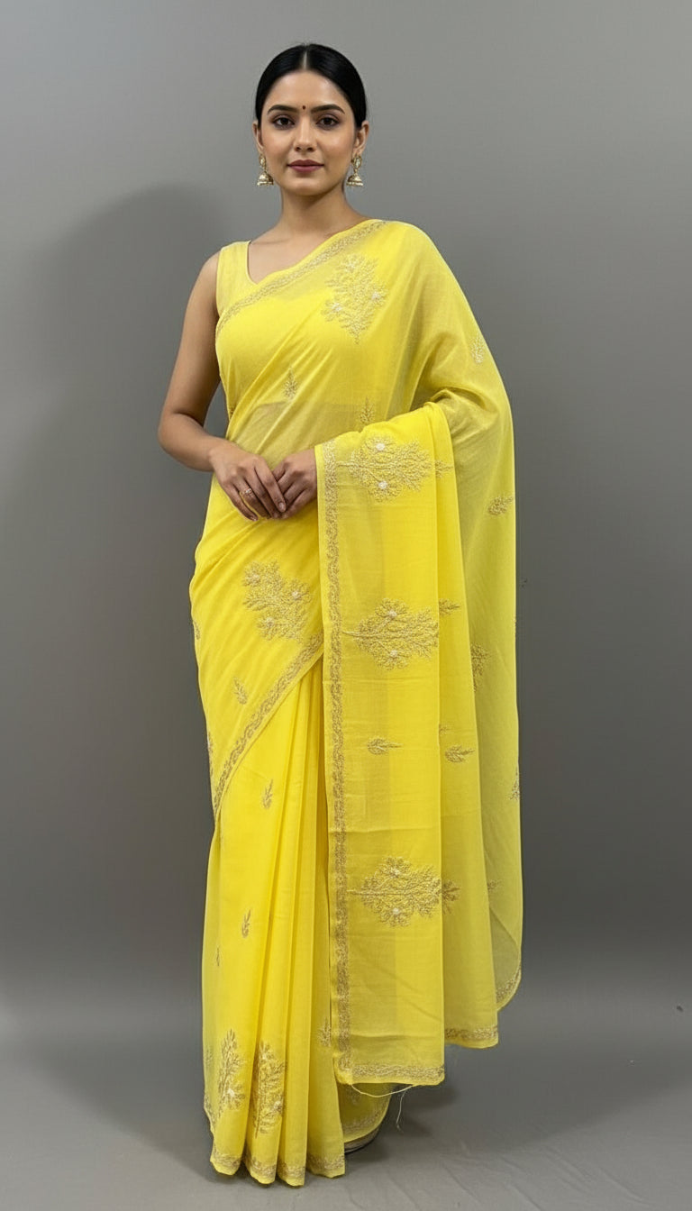 yellow cotton saree with floral embroidery and a blouse piece, draped over on a dummy