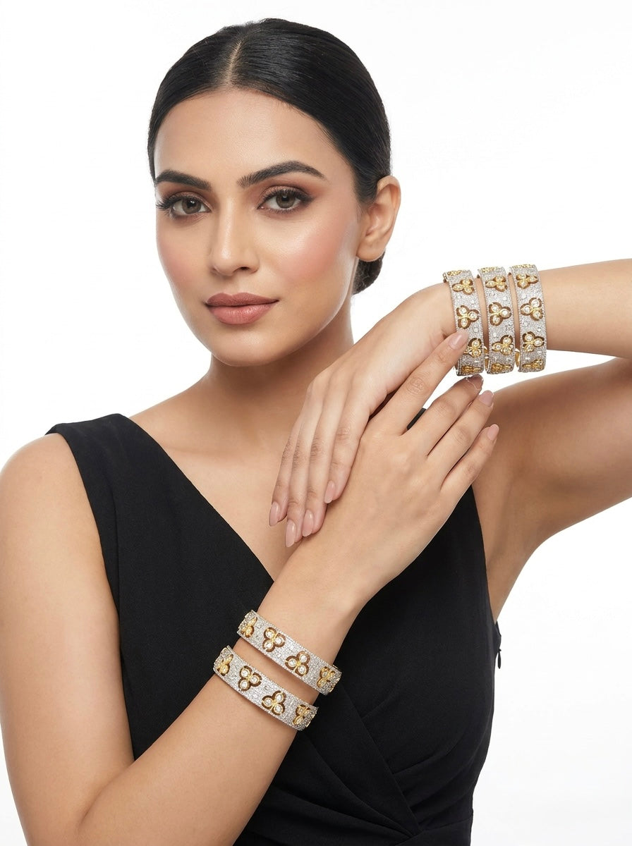 Handmade Dual-Tone Floral Trefoil Bangle Set – Gold & Silver Slip-On Kadas ✨