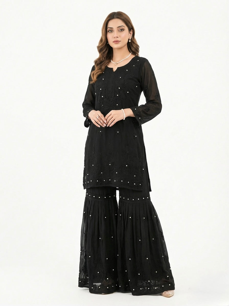 Black Chikankari Embroidered Viscose Gharara | Pants | Handmade Shadow and pearls Work Trousers only