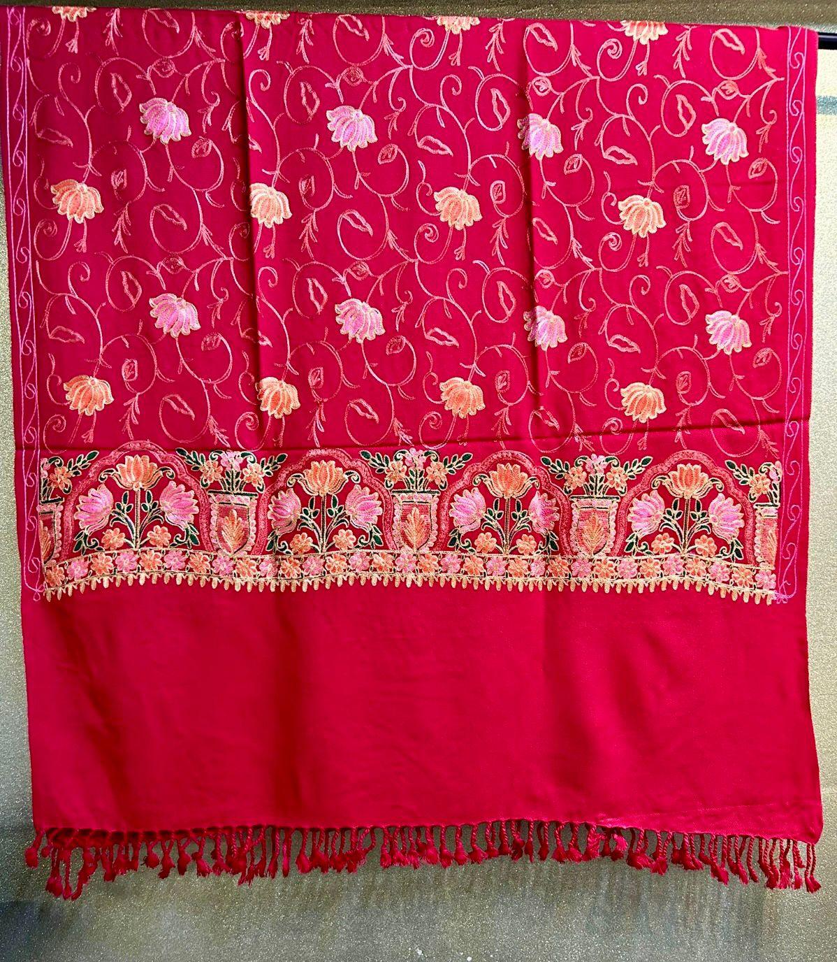 Lotus flower all-over Kashmiri Embroidered Pashmina Scarf | Handcrafted Shawl – Famaza Couture