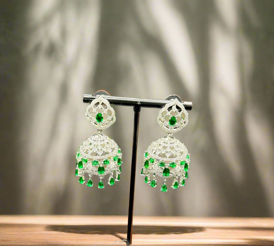 American Diamonds emerald green stone Jhumka earrings/Silver Finish Earrings