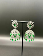 American Diamonds emerald green stone Jhumka earrings/Silver Finish Earrings