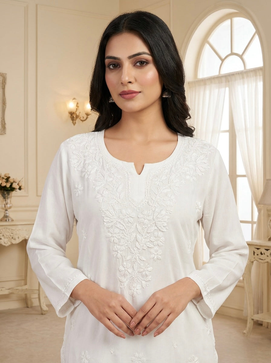 The Imperial Pearl White Tunic — Ghaspatti Hand-Embroidered Modal Kurti