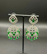 American Diamonds emerald green stone Jhumka earrings/Silver Finish Earrings