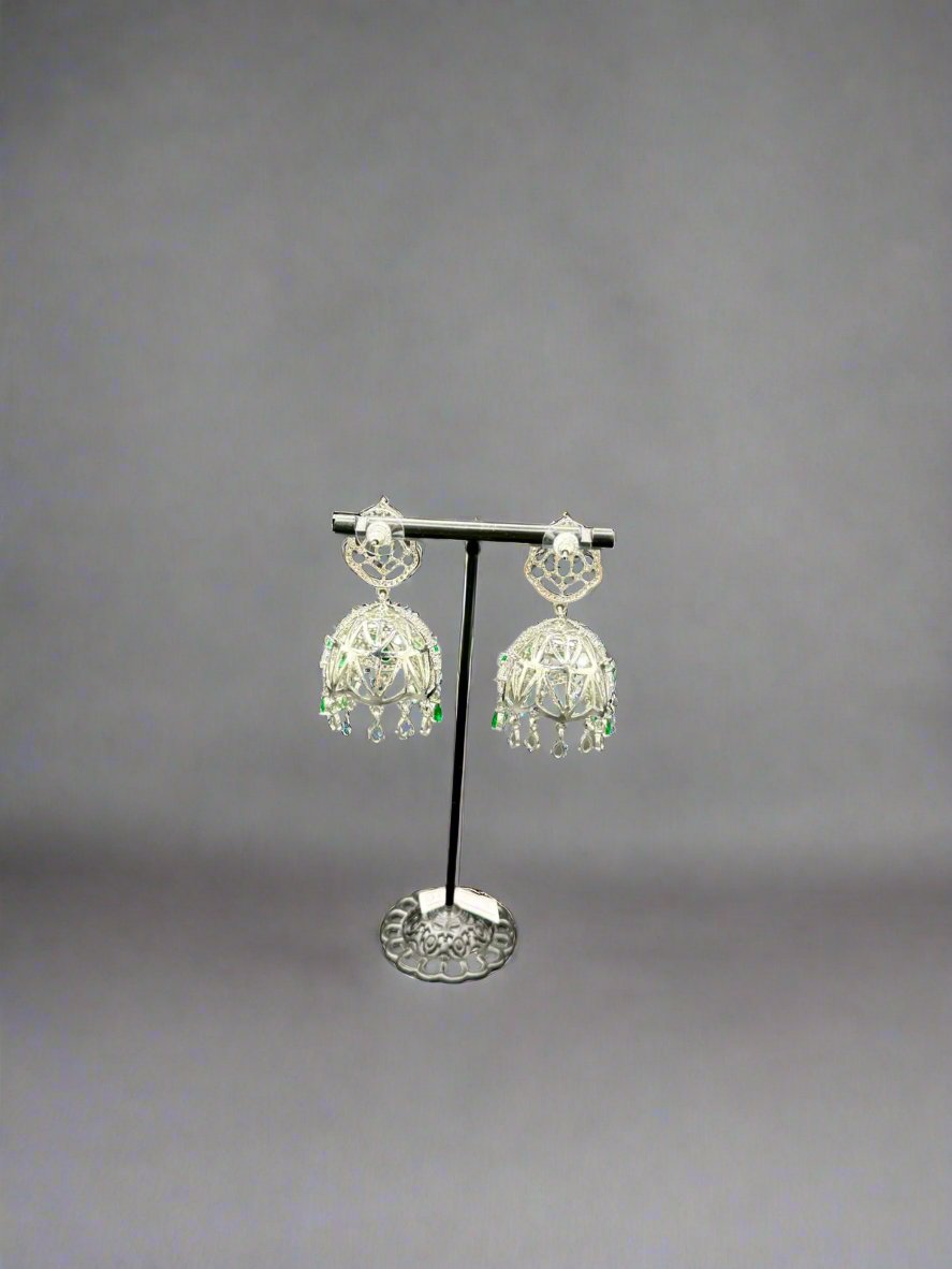 American Diamonds emerald green stone Jhumka earrings/Silver Finish Earrings