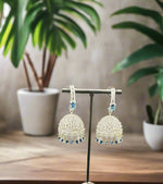 American Diamonds with blue sapphire stone Jhumka/ Silver Finish Earrings