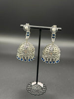 American Diamonds with blue sapphire stone Jhumka/ Silver Finish Earrings