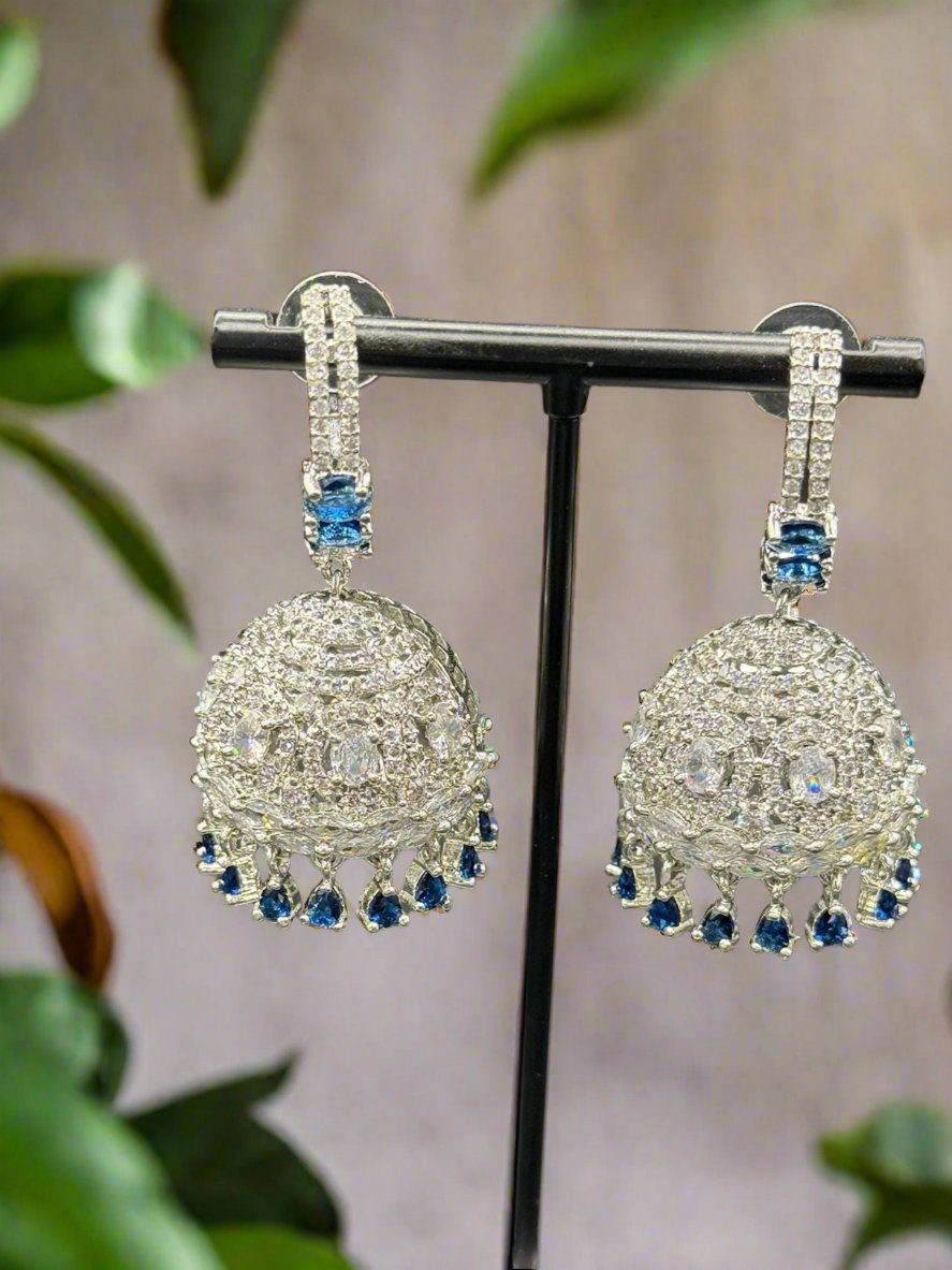 American Diamonds with blue sapphire stone Jhumka/ Silver Finish Earrings