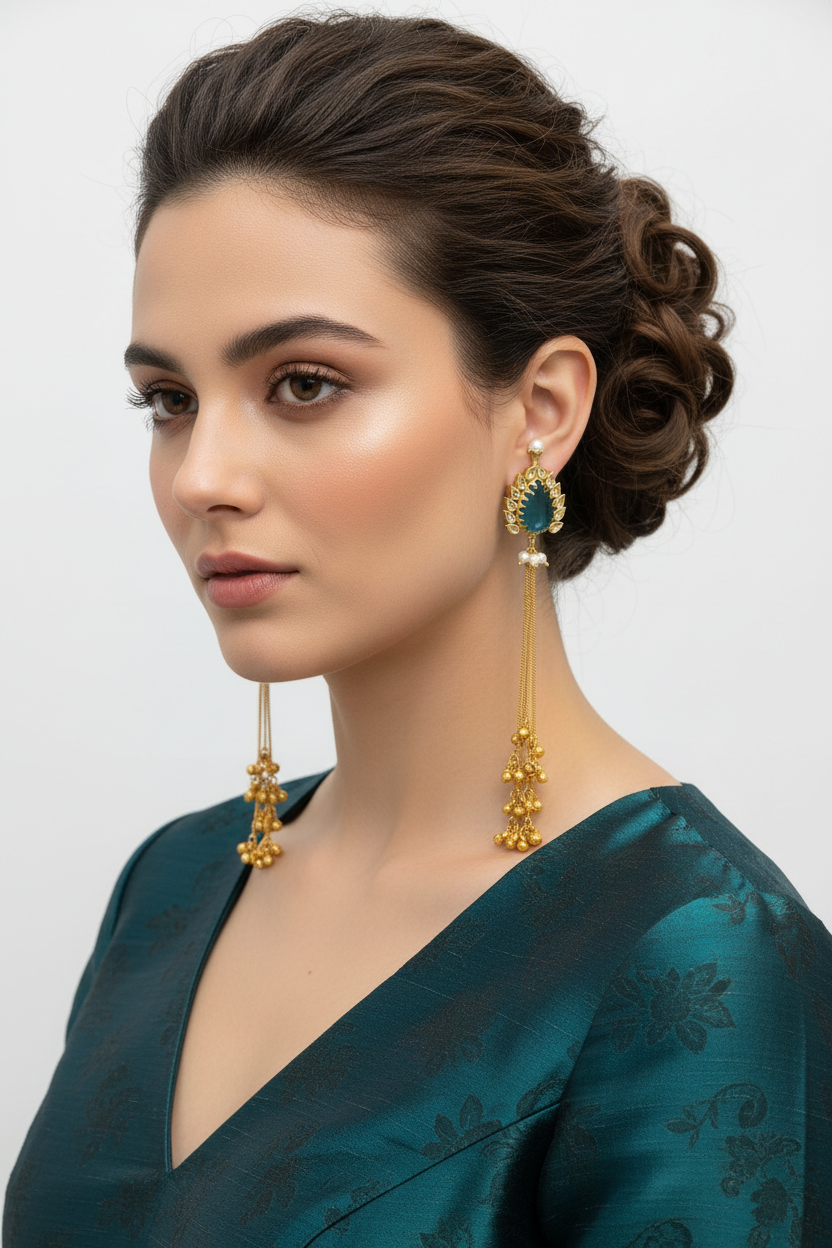 Majestic Mona lisa stone & Pearl Leaf Drop long Kashmiri Earrings — Brass Ghungroo Tassel Variants
