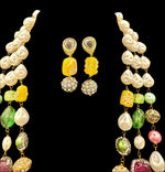 Gold-Plated Kundan-Studded & Pearl-Beaded Tripal-Stranded Handcrafted Jewellery Set | – Famaza Couture