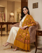 Mustard Glow | Intricate Machine-Embroidered Kashmiri Pashmina Scarves & Shawls | Floral Jaal Wrap