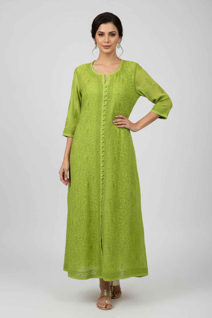 Green dress on a hanger with a blurred background of jewelry displays.