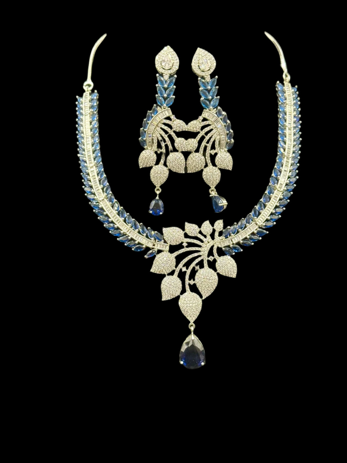 American Diamond & Blue Sapphire Necklace Set | Elegant Leaf Design – Famaza Couture