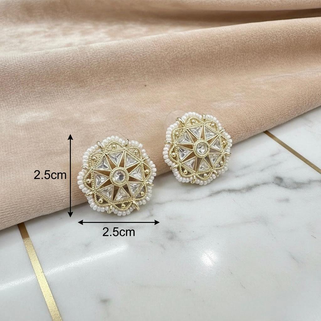 Traditional Kundan Brass Stud Earrings | White Nano Beaded Border | Ethnic Occasion Wear