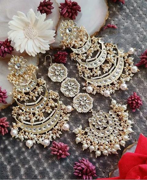 Kundan Maang tikka With chandbaali Long Earrings Set, Gold Finish| Polki Bridal Jewellery – Famaza Couture