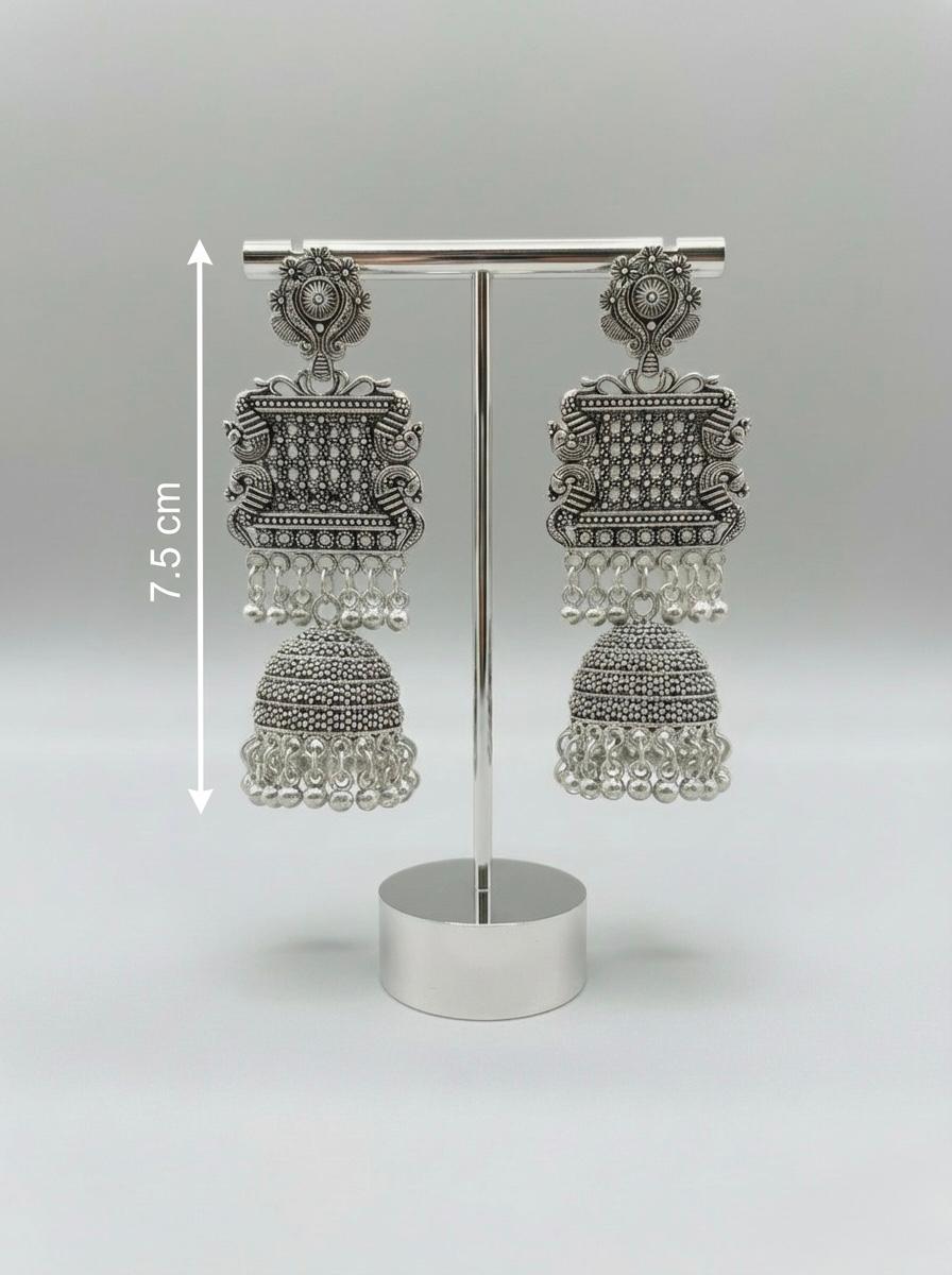 Handcrafted silver Oxidized Statement Jhumka Earrings | with tribal detailing for Ethnic jewellery - Famaza Couture