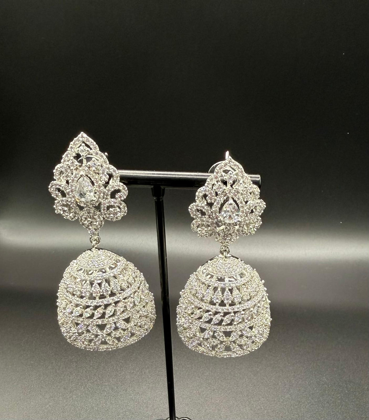 American Diamond Jumbo Jhumka earrings/Silver Finish Earrings