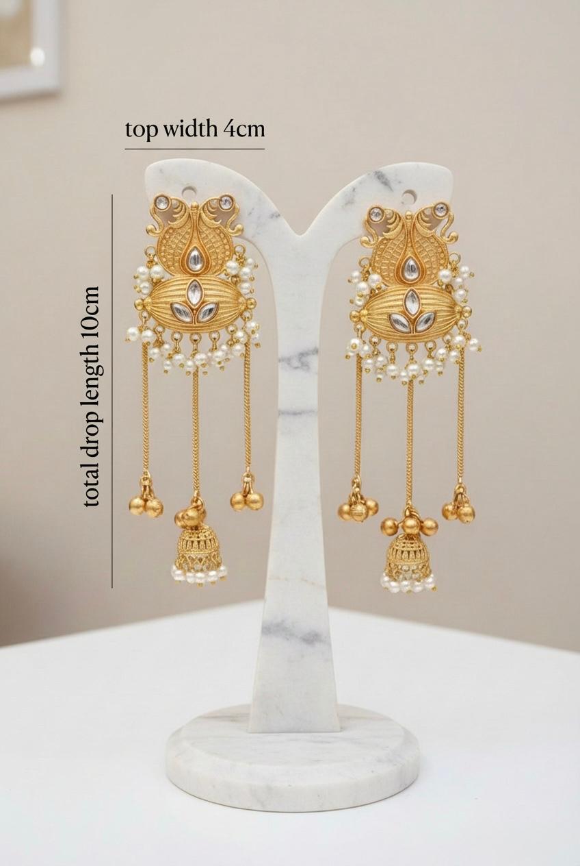 14K Gold Plated Kashmiri Jhumka Earrings | Long Kundan Party Wear Earrings