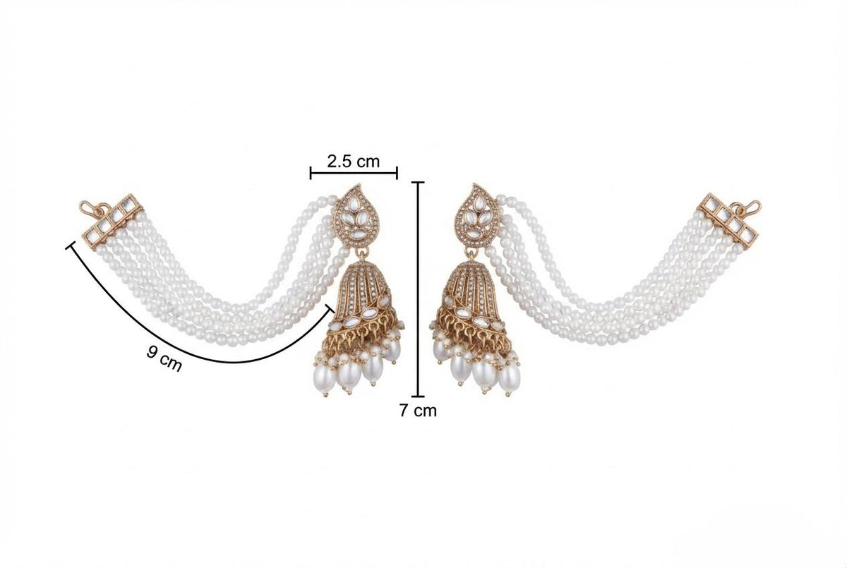 Luxury Kundan Jhumka Earrings with Multi-Layer Pearl Saharey | Bridal Ear-Chains