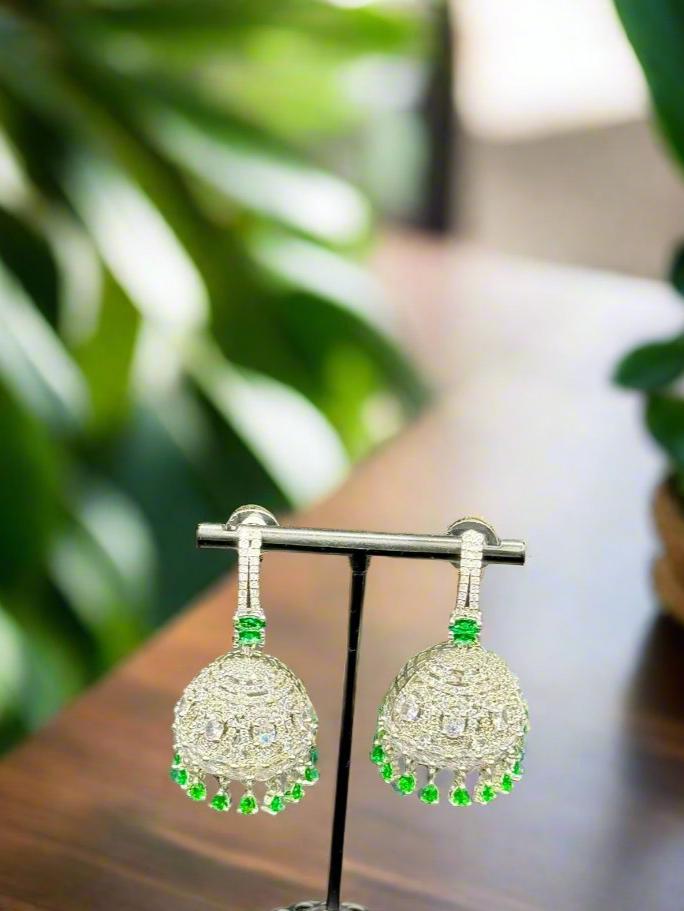 American Diamonds with emerald green stone Jhumka/ Silver Finish Earrings