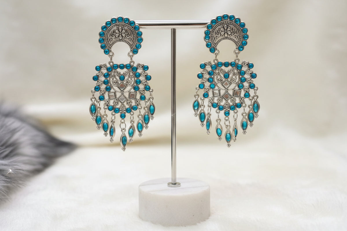 Oxidised Sky Blue Stone Dangling Earrings | Handmade Jewellery | Famaza Couture London