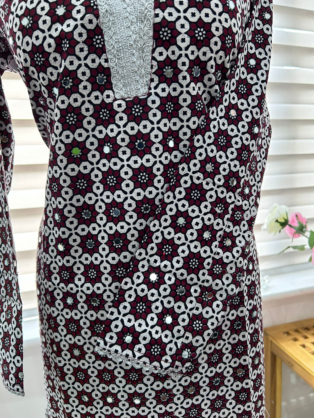Traditional Ajrak Sindhi Kurta/Dress - Maroon/White