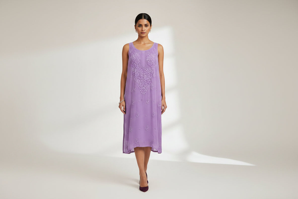 A lavender sleeveless mesh dress with floral embroidery on the bodice, hanging on a white hanger in front of a store display filled with jewelry.