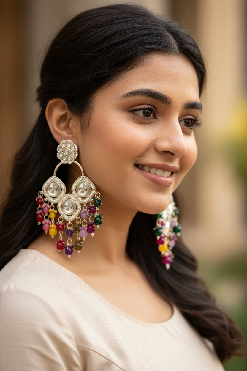 Silver Plated Kundan Earrings with Multi-Colored Artisan Beads