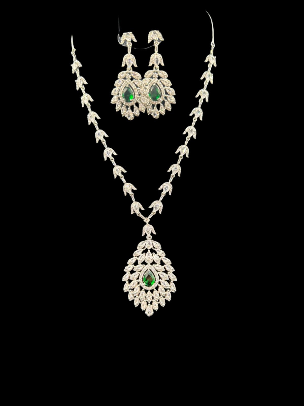 American Diamond & Emerald Necklace Set - Leaf Design | Famaza Couture