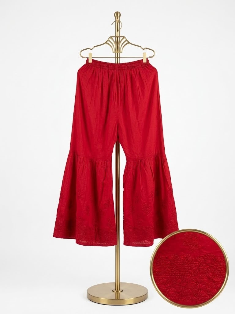 The Scarlet Monarch Gharara — Tonal Embroidered Cotton Trousers