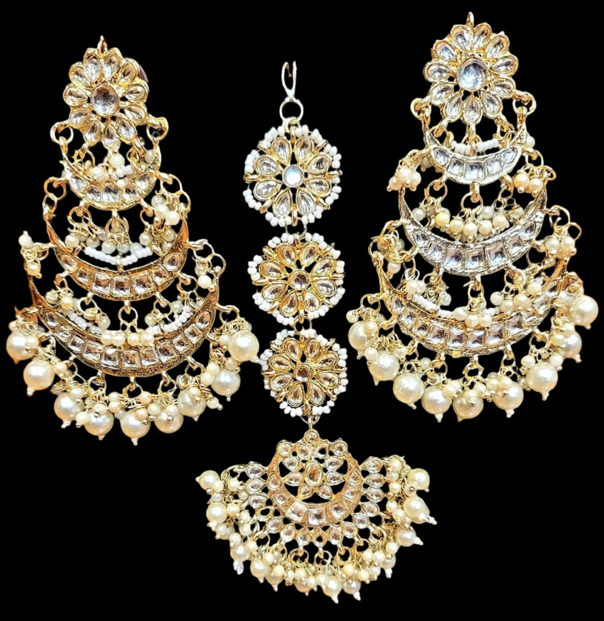 Kundan Maang tikka With chandbaali Long Earrings Set, Gold Finish| Polki Bridal Jewellery – Famaza Couture