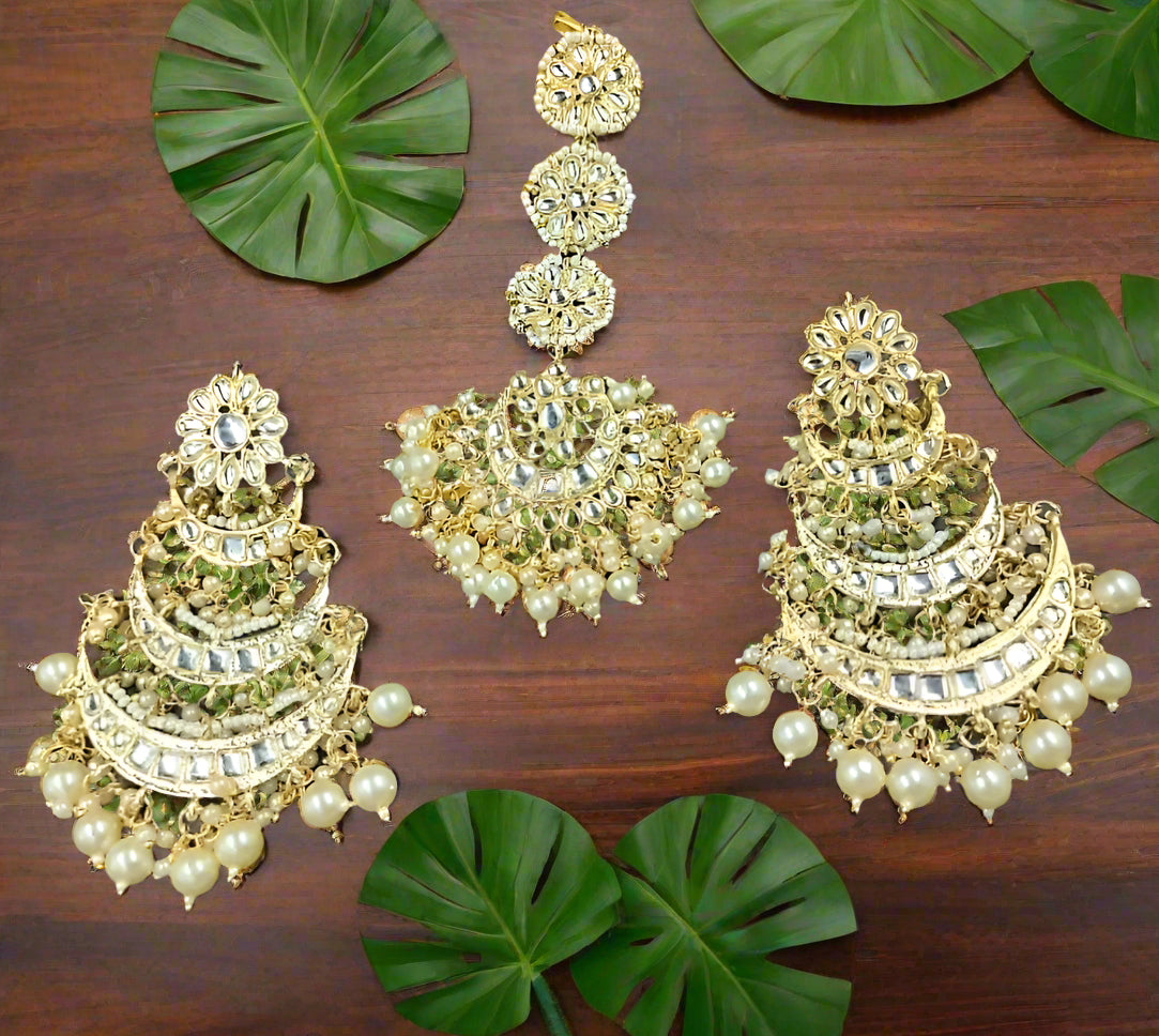 Kundan Maang tikka With chandbaali Long Earrings Set, Gold Finish| Polki Bridal Jewellery – Famaza Couture